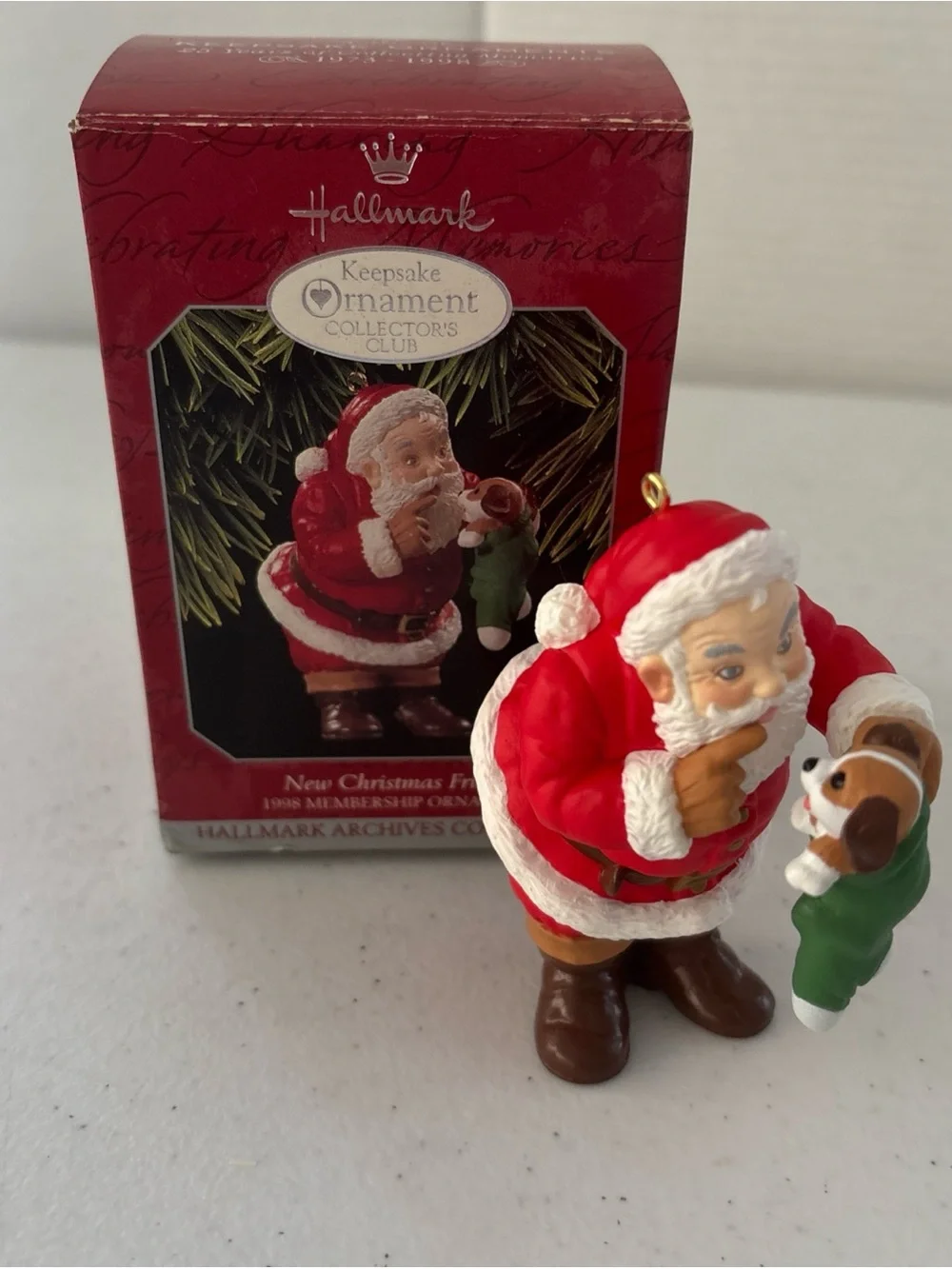 Hallmark Keepsake New Christmas Friend 1998 Santa Hushing Puppy Ornament MIB